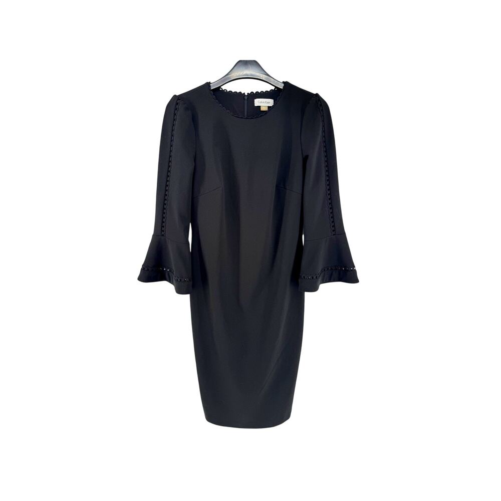 Calvin Klein Size 6 Black Bell Sleeve Dress Scalloped Looped Trim